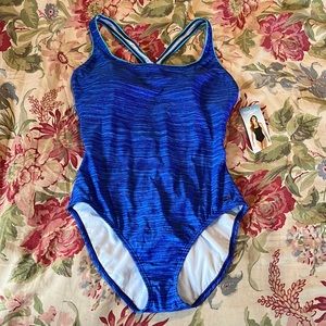 SPEEDO Size 16 T Back Racer Swimsuit 
Blue 1-Piece Fully Lined Modest $68 NEW